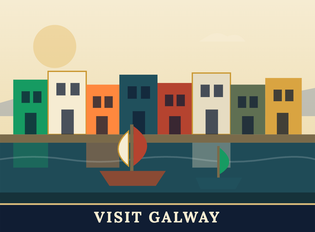 Illustration of Galway's Long Walk waterfront houses with sailing boats — Visit Galway